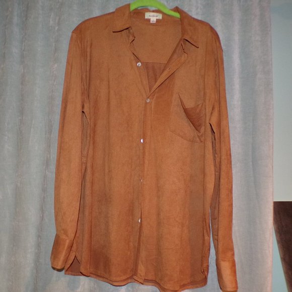 Relaxing NURTURE Sz L Camel Color Suede LS Top Z22 - Picture 2 of 3